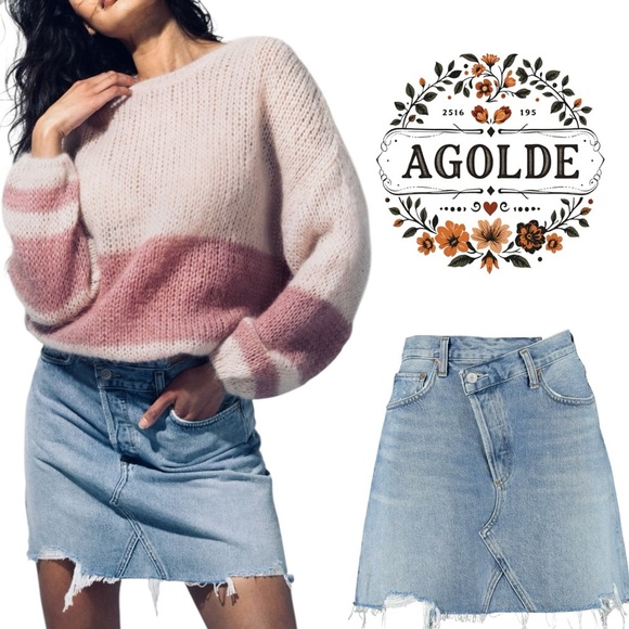 AGOLDE 90’s Criss Cross Denim Mini Skirt Button Fly Raw Hem Sz 27 - Picture 7 of 9